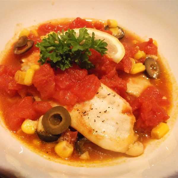 Tilapia with Tomatoes, Black Olives and Corn